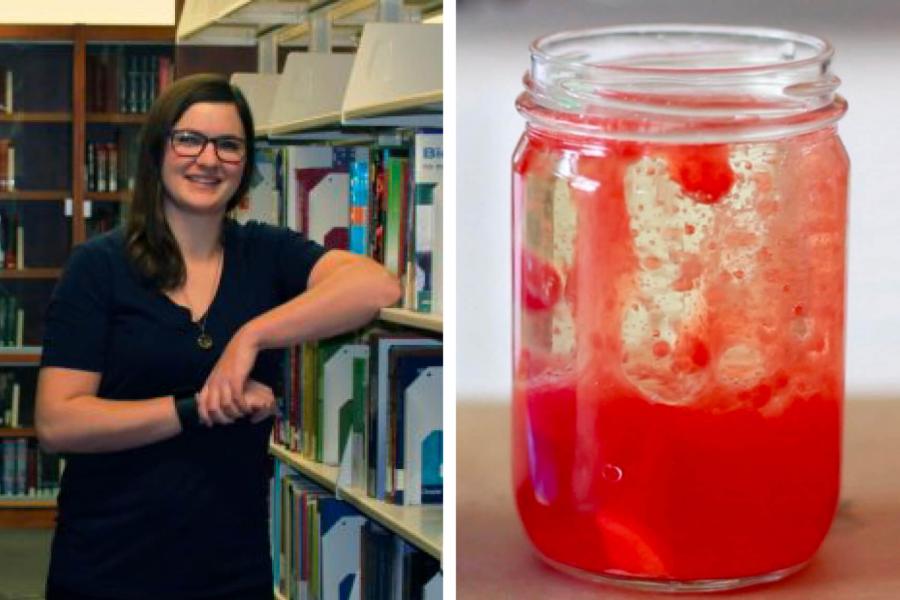 Pharmacy PhD student Danielle Lee stands in a library. An additional image shows one of the home made lava lamps that participants make in one of her workshops.