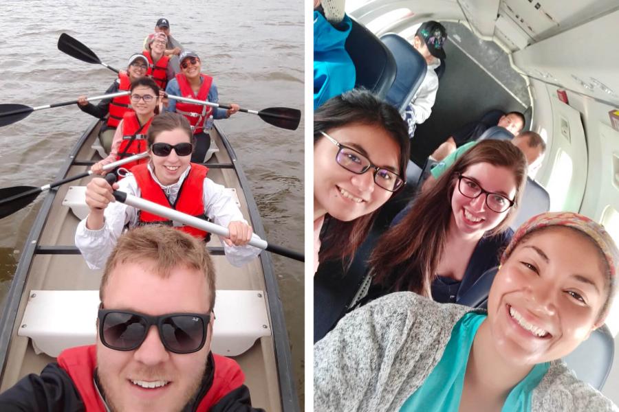 A split image of pharmacy students in a canoe together and on a plane on their way to a remote northern community. 