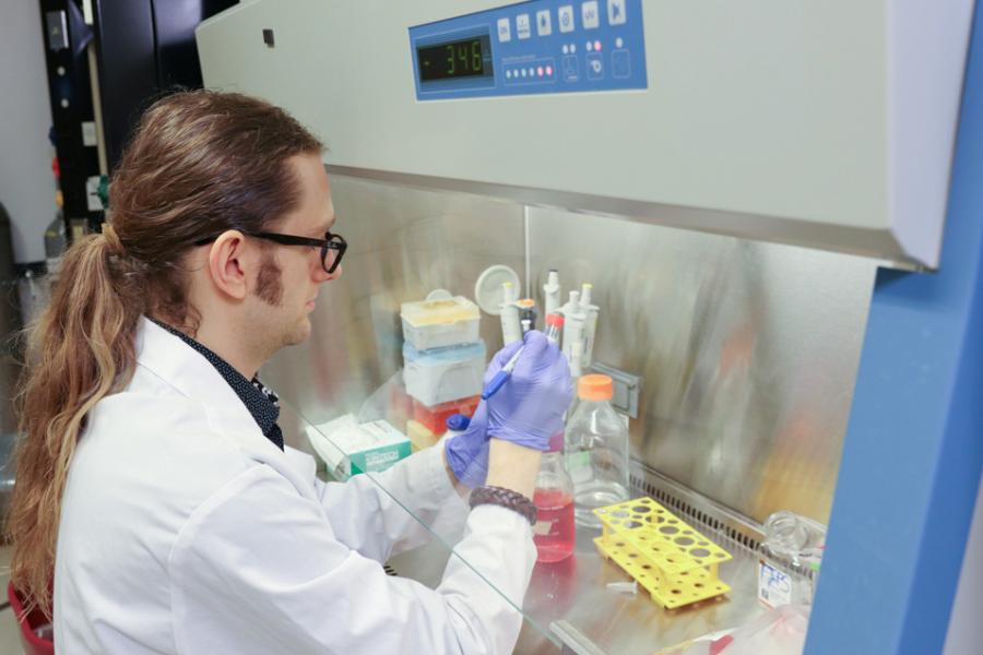 Student working under a fume hood with a pipette and test tubes.