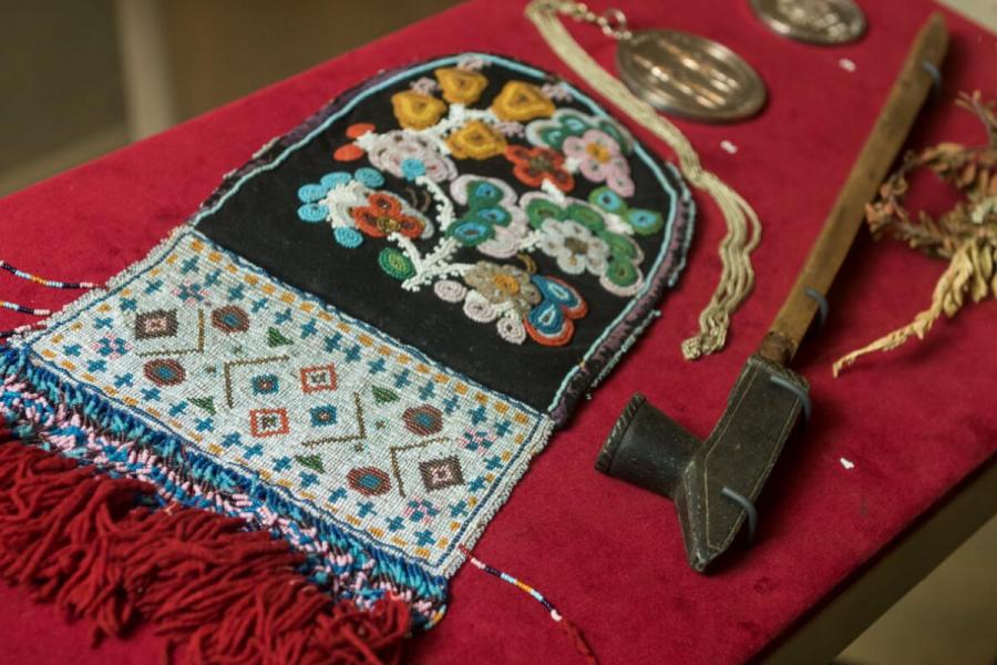 A colourful display of Indigenous artifacts.