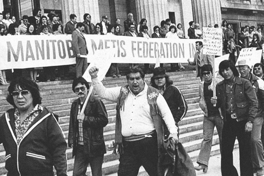 April 17, 1979: Ed Head (centre) leads Métis protesters in a march at the legislative building to demand provincial job-creating initiatives.