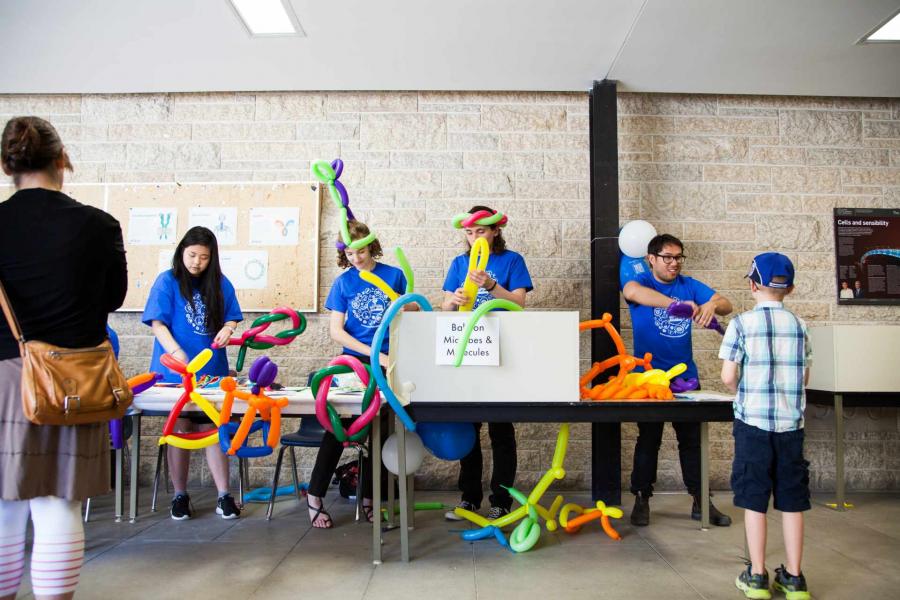 Students and volunteers shaping long balloons into microbes.