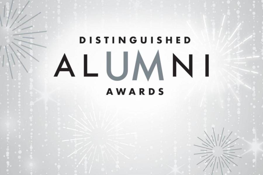 Distinguished Alumni Award graphic with a black text and a silver background