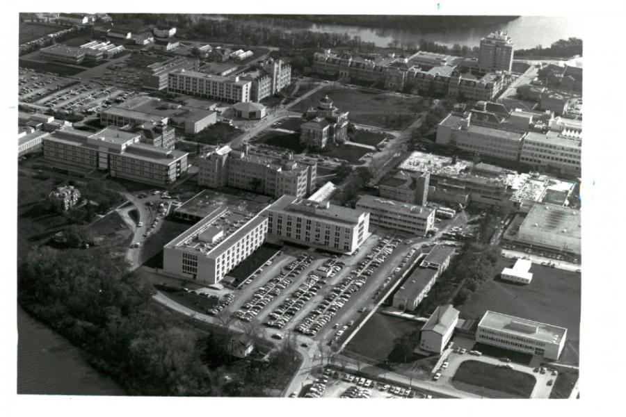 Aerial shot of the old campus in black and white.