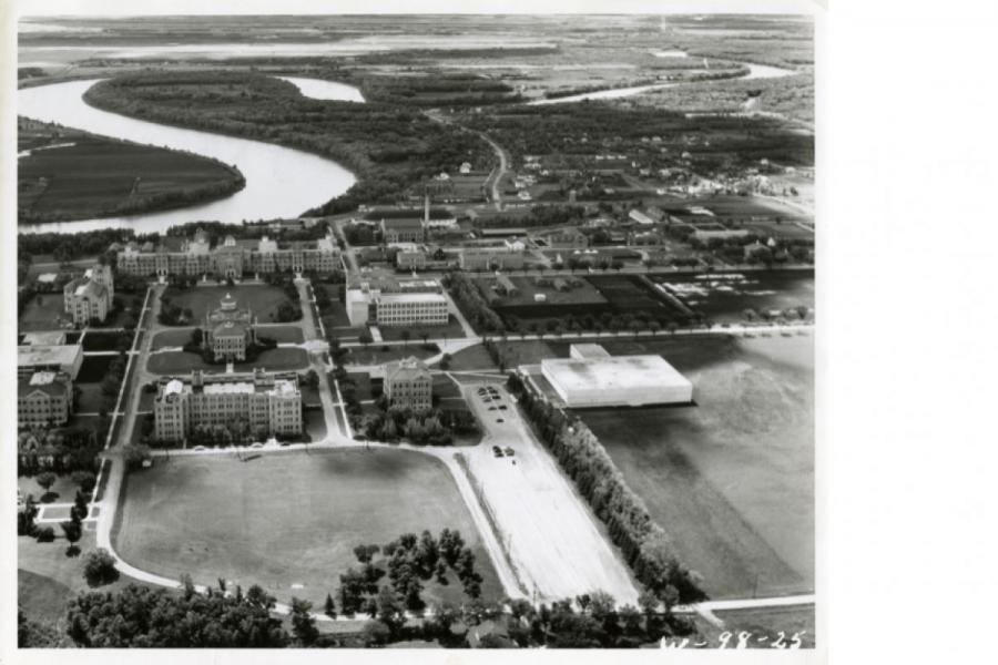 An aerial shot of the old campus dated 98.