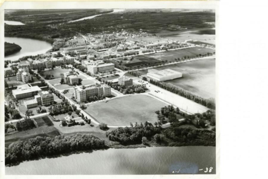 An aerial shot of the old campus labeled 38.
