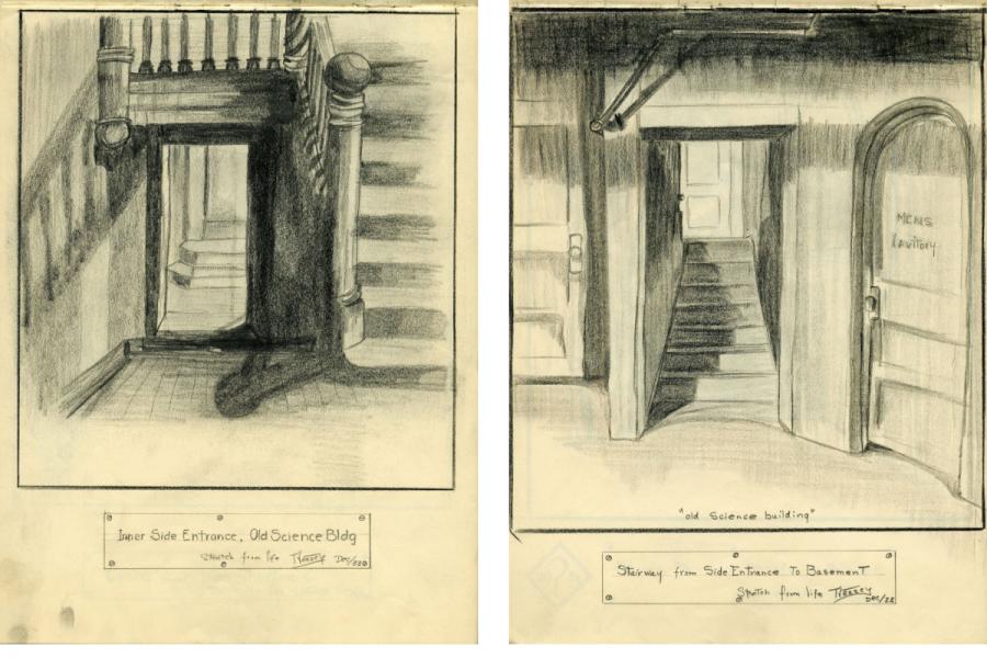 a sketch of a building layout with stairs and doors