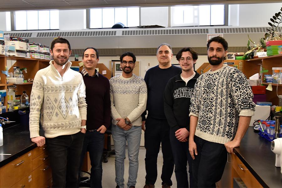 Group photo of the research group from left to right, Matthew Van Schepdael, Gerd Prehna, Kartik Sachar, Mazdak Khajehpour, Andrew Gierys, Iman Asakereh