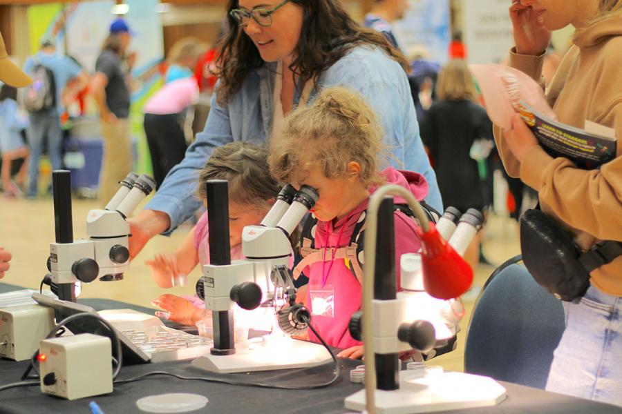 A little girl looking through a microscope.