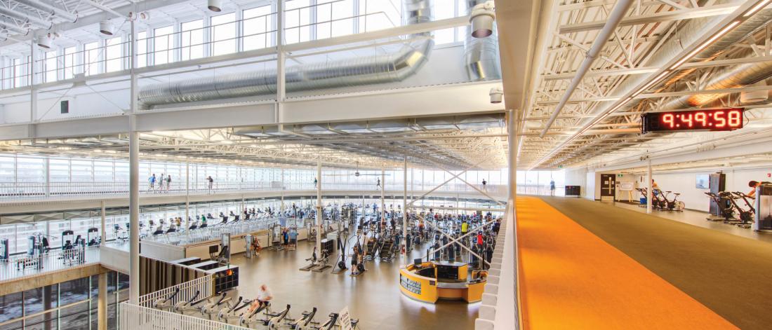 A panoramic view of the Active Living Centre indoor running track and strength and conditioning facilities. 