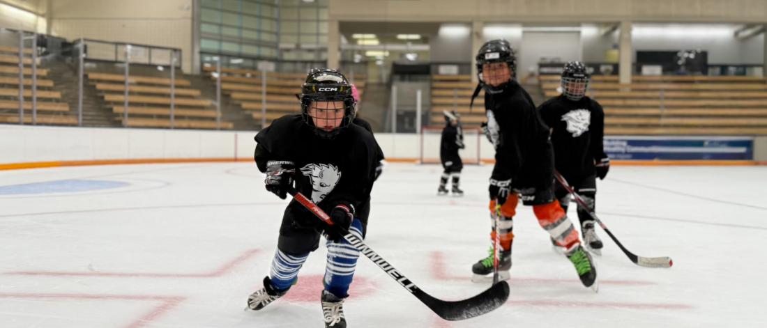 kids skating and playing hockey