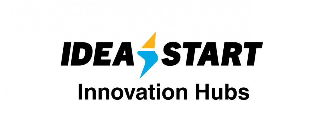 IDEA START logo with a text under it saying innovation hubs