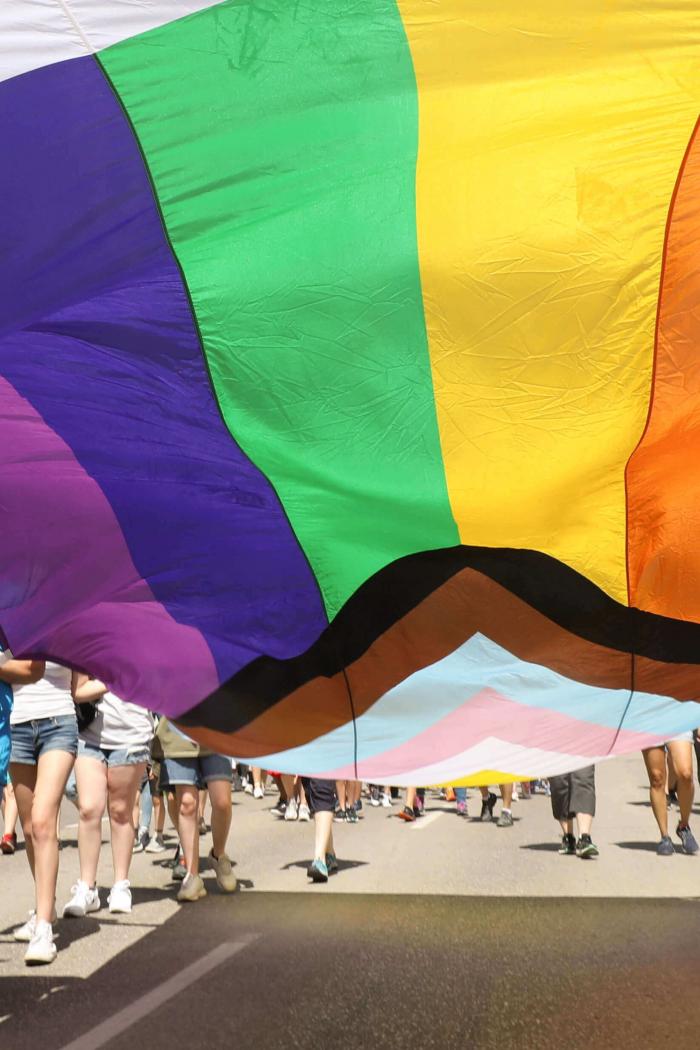 People walk with a Pride flag in a parade wearing Bison Pride tshirts.