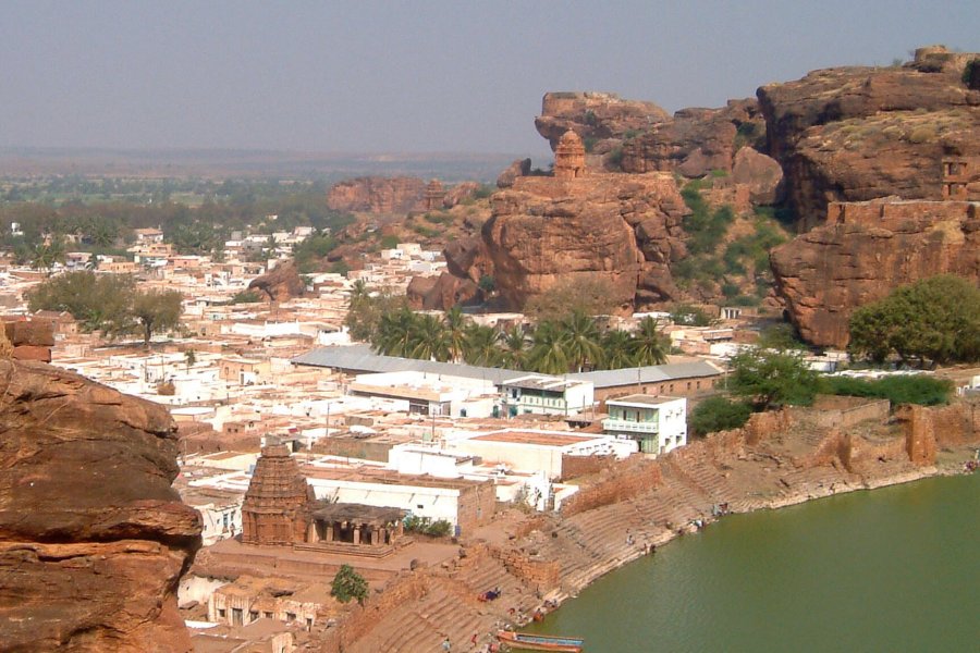 A picturesque view from a hilltop of the town of Badami India.