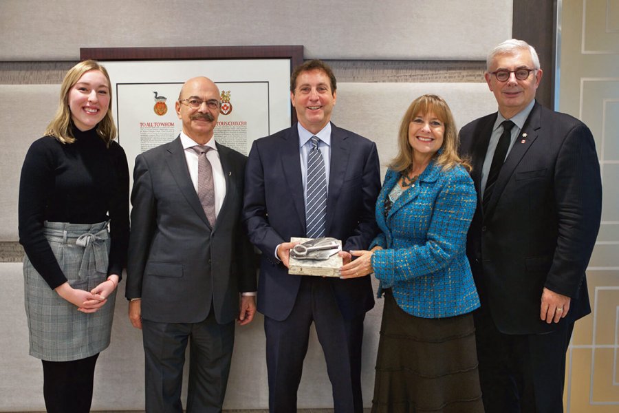 Student Hilary Ransom, The Asper Foundation's Moe Levy, Leonard Asper, Gail Asper and University of Manitoba President David Barnard.