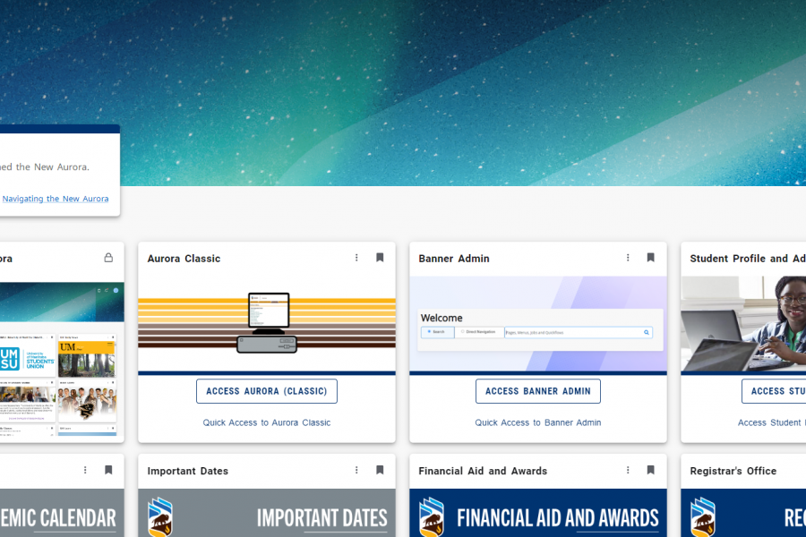 Screen shot of the New Aurora Launch page for staff where information is organized in cards