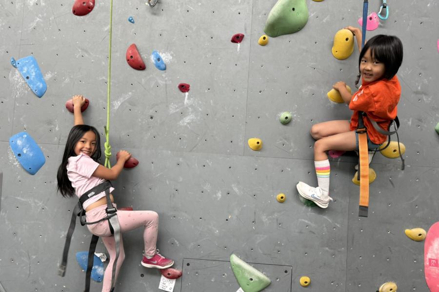 Two children climbing the ALC climbing wall.
