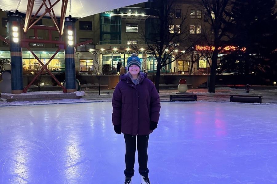 Exchange student Madi ice skating at the Forks, Winnipeg.