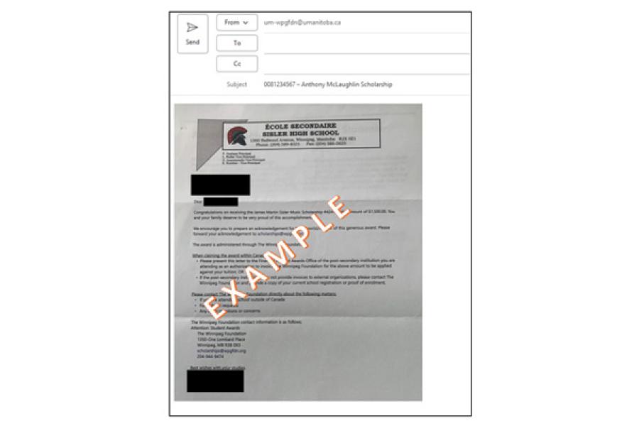 An email sample of The Winnipeg Foundation Highschool award letter to take a picture of and send via email to FAA