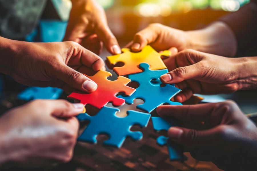 many hands putting together colourful puzzle pieces