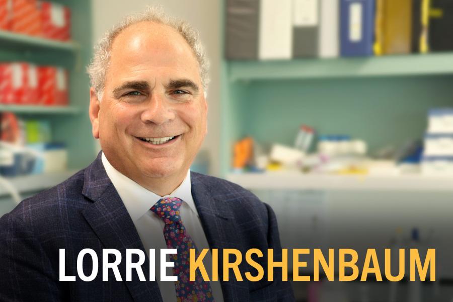 Portrait of Lorrie Kirshenbaum smiling in a lab setting, with his name in bold text across the bottom.