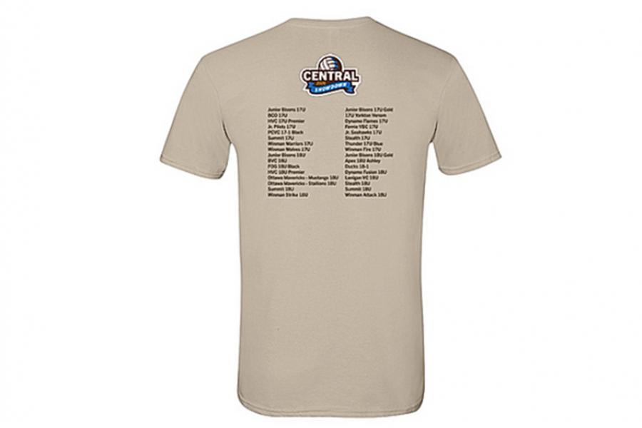 Beige tshirt showing a list of team names on the back.