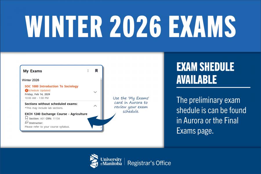 An image promoting that the Final Exam Schedule for Winter 2026 courses is now available within your Aurora account, under the 'My exams' card.