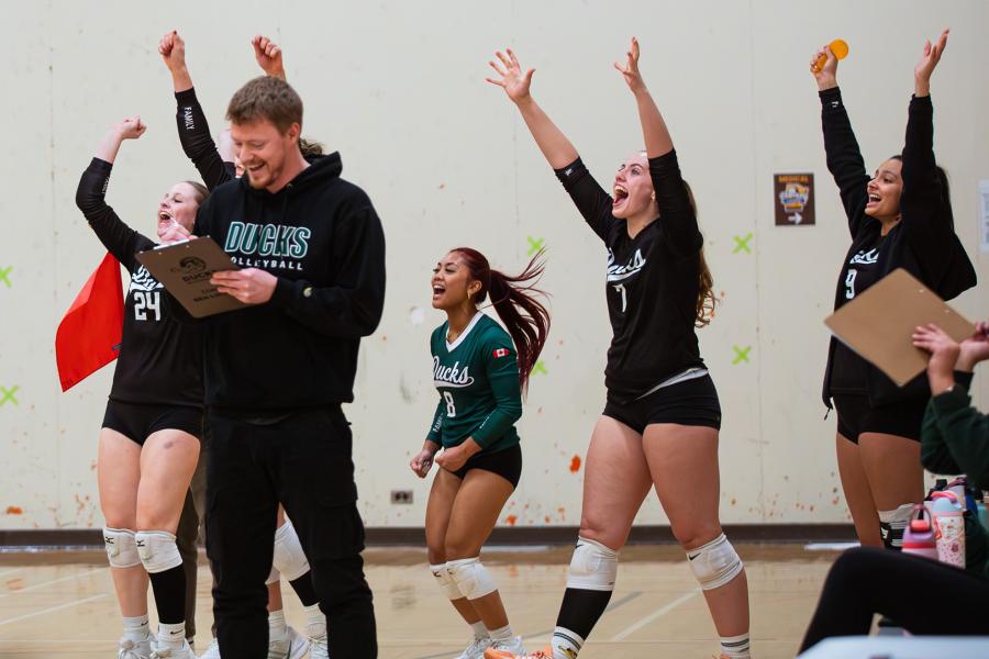 Players from the Ducks celebrate their third place win at the Central Showdown volleyball tournament in March 2026.