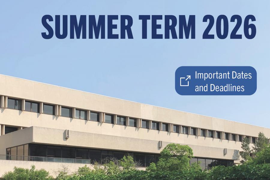 A photograph of University Centre in Summer of 2023, the image is promoting Summer term 2026, and leads to the summer 2026 important dates and deadlines page.
