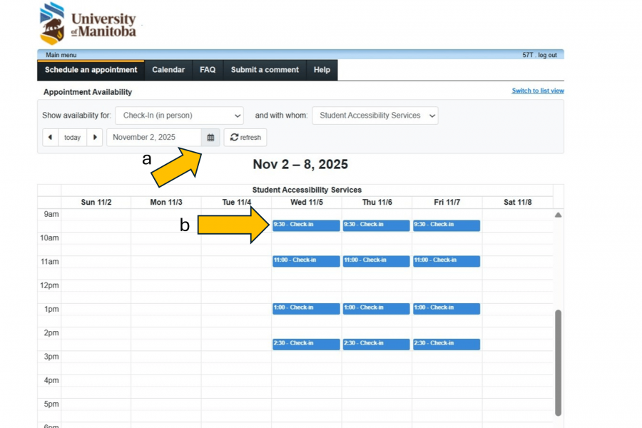 The Calendar view with an arrow labelled A pointing to the date selector and an arrow labelled B pointing to  an available timeslot. 