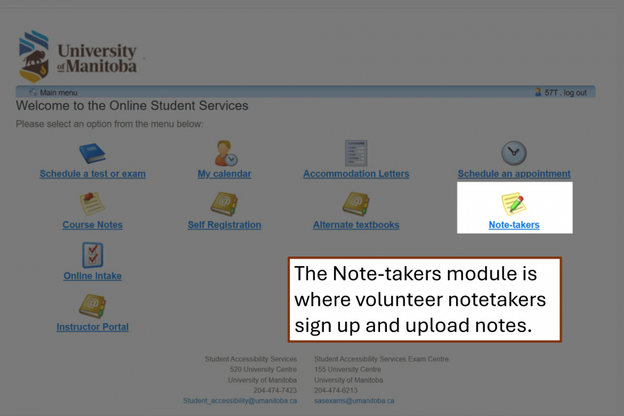 The SAS home screen greyed out with only the Note-takers module link highlighted.