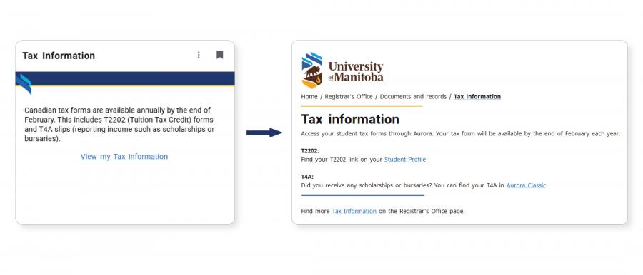 Tax information Aurora Card on the right next to an arrow pointing left at the Tax Information page where student select tax forms.