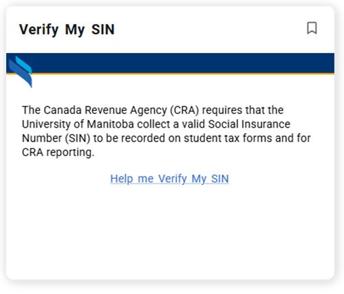 A screen capture of the 'Verify my SIN' (Social Insurance Number) Card in Aurora, showing the card the link and the reasoning behind the collection on SINs.
