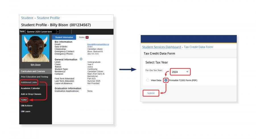A info-graphic displaying how to access and download T2202 tax forms from the student profile