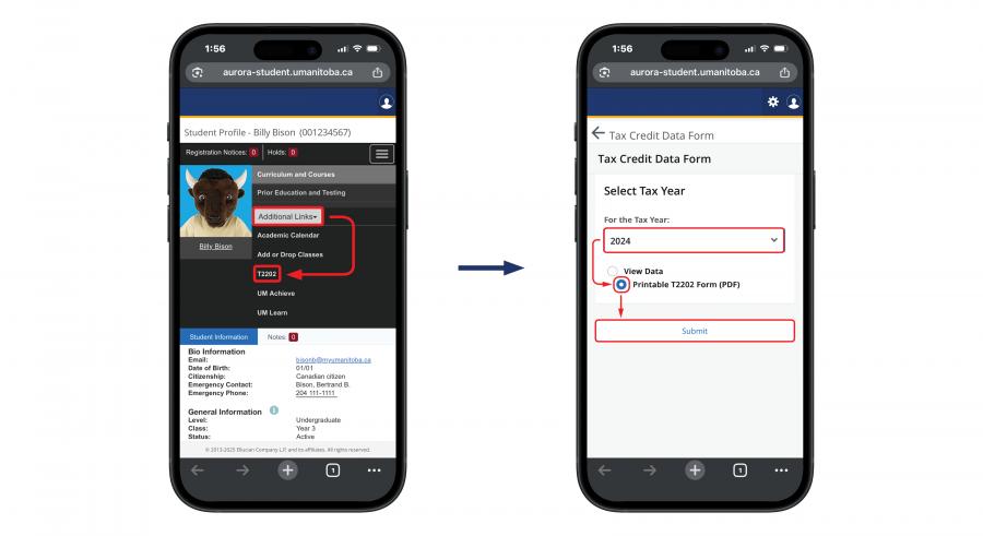 An image displaying two phones, with a diagram showing the process of downloading a T2202 from the menu in the Student profile.