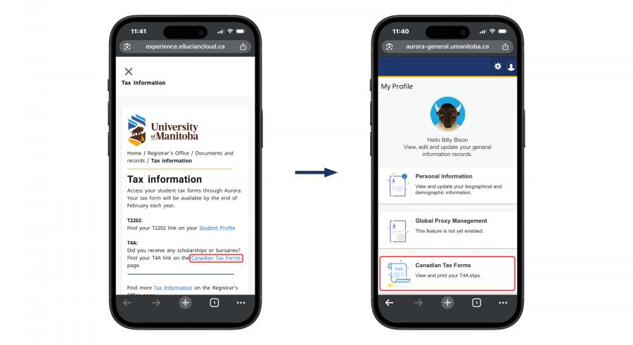 An image displaying two phones, with a diagram showing the process of accessing the Canadian tax forms menu for T4A slips.