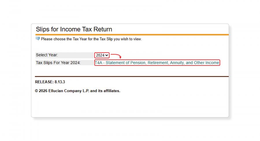 A screenshot of Aurora Classic, showing the process of selecting the tax year for T4A Tax form downloads.