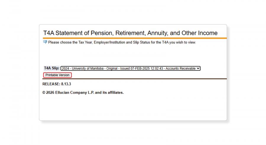 A screenshot of Aurora Classic, showing where the download link for T4A ta forms is after the tax year is selected.