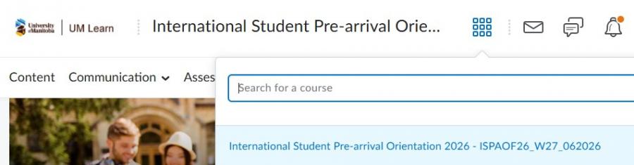 Screenshot of menu searching for international student prearrival course 2026