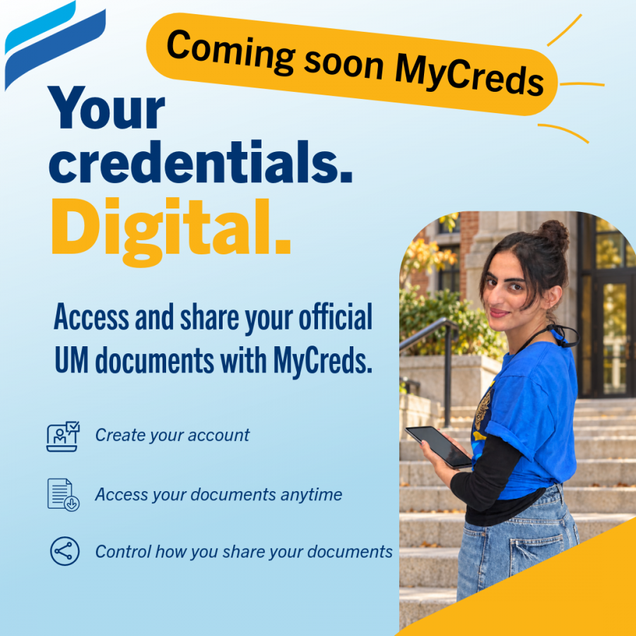 a graphic promoting MyCreds, on a blue background, with an image of a student holding a tablet on the steps of the UM