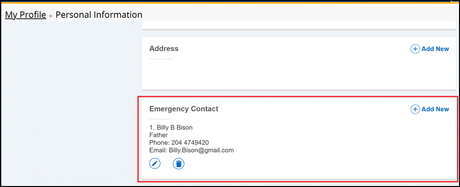 Screen shot of the emergency contact section in aurora, a red box is indicating that this is the emergency contact section
