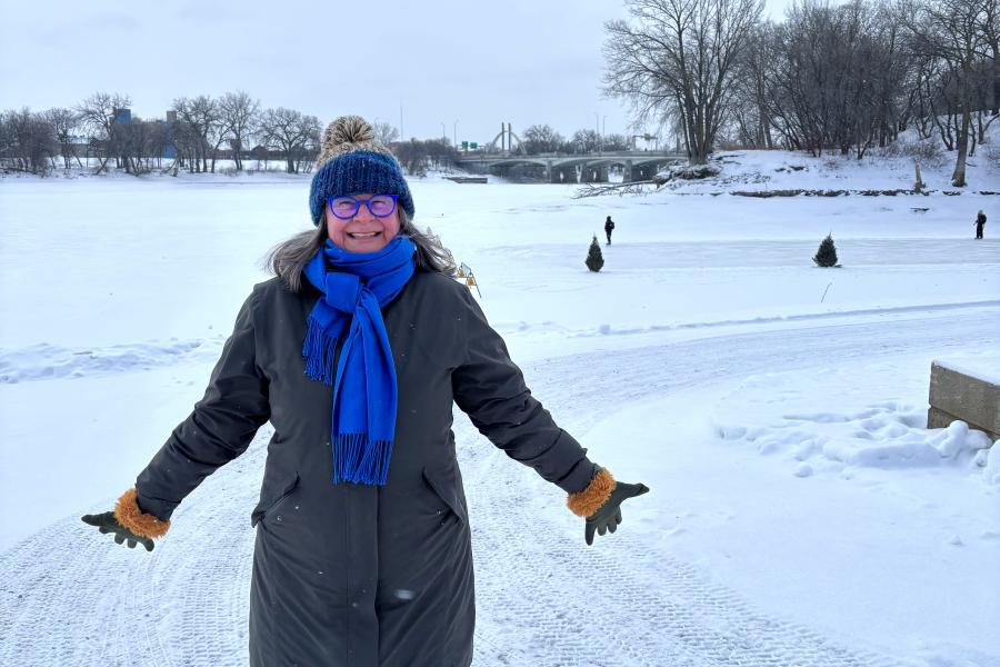 Shelagh Rogers in winter clothing at The Forks, Winnipeg, Manitoba.