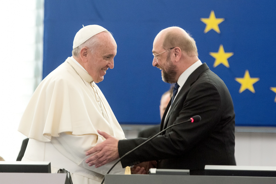 Handshake between Pope Francis and Martin Schulz in the European Parliament